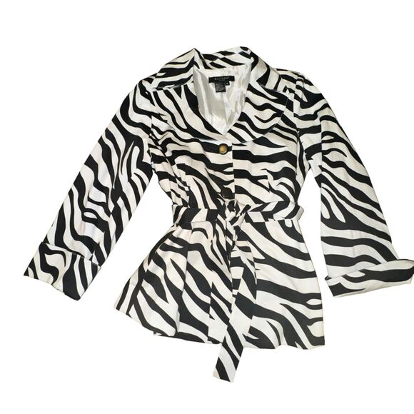 Sandro Sportswear Tie Waist Jacket Sz S Black White Zebra Print Button Collared - Picture 1 of 6